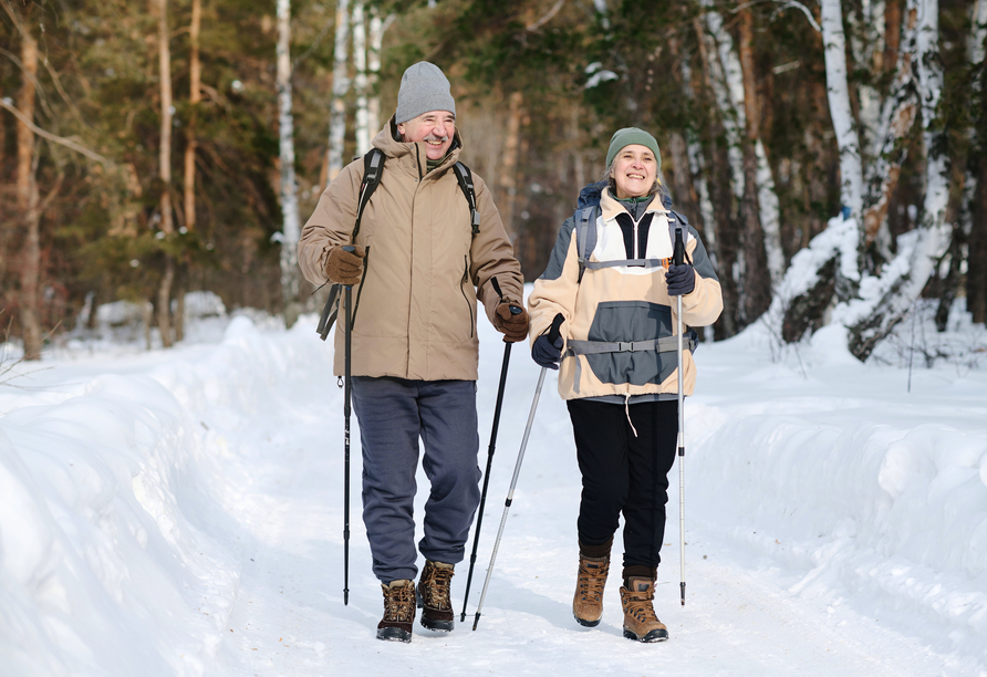 Unternehmen Sie eine Wanderung im verschneiten Winterwald.