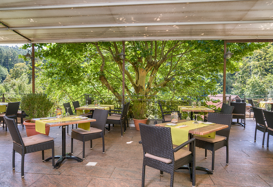 Genießen Sie Sonnenstrahlen auf der Terrasse des Mönchs Waldhotels.