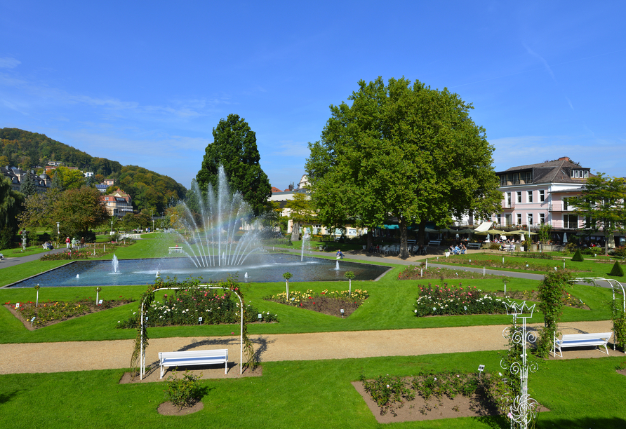 Der Rosengarten der Kurstadt Bad Kissingen lädt zum Verweilen ein.