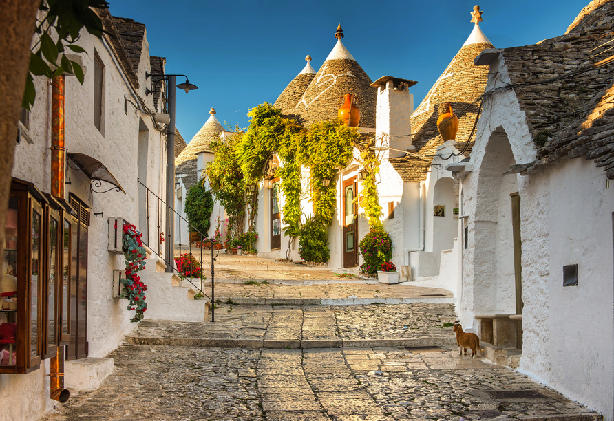 Schlendern Sie in Alberobello durch die Gassen und bestaunen Sie die pittoresken Trulli-Häuser.