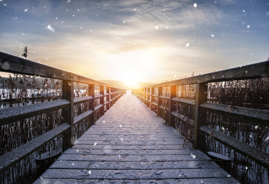 Der Inselsee in Güstrow lädt zu einem Winterspaziergang ein – die Brücke zeigt Ihnen den Weg.