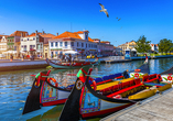 In der Lagunenstadt Aveiro können Sie eine Moliceiro-Bootsfahrt unternehmen. 