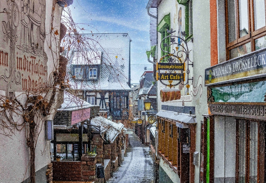 Die berühmte Drosselgasse in nur wenige Gehminuten von Ihrem Hotel entfernt.