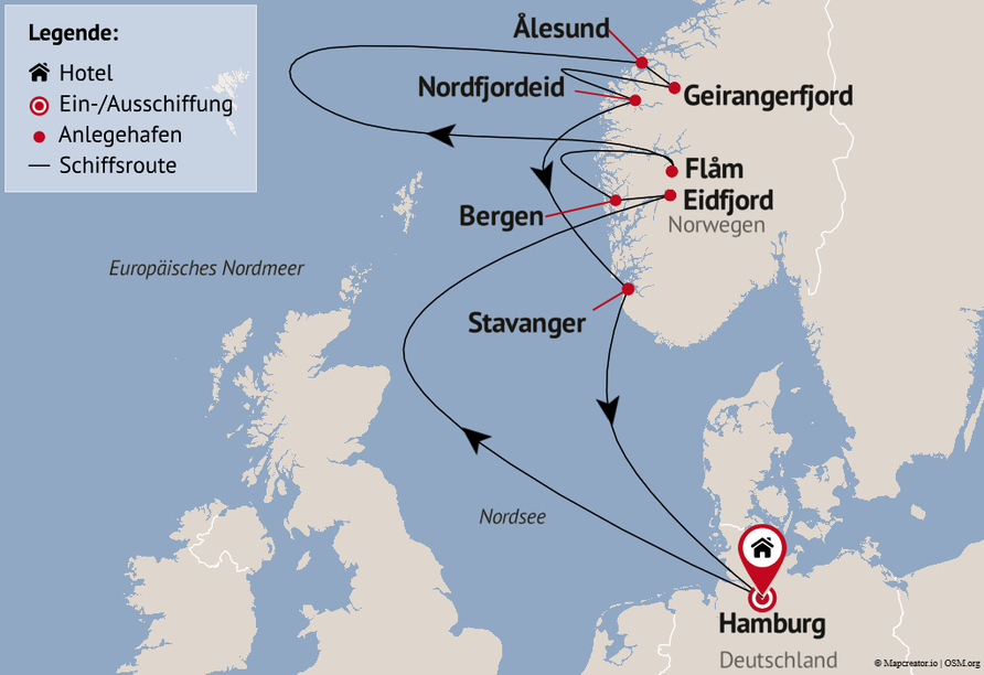 Ihre Reiseroute am 13.09.25 (Häfen variieren je nach Reisetermin)