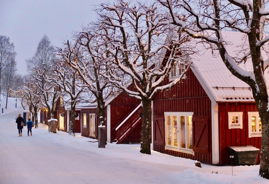 In Bærums Verk werden Ihnen überall die traditionellen roten Häuser begegnen, die im Schnee besonders schön aussehen.