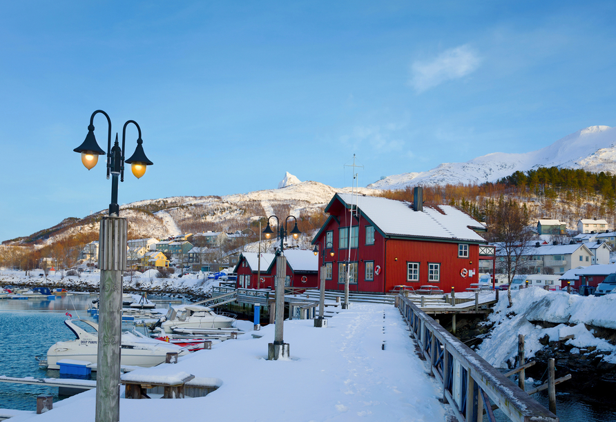 Narvik liegt eingebettet in eine schneebedeckte Fjordlandschaft, die mit ihrem Charme begeistert.