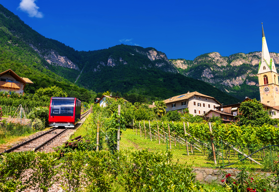 Von Kaltern aus können Sie mit der Mendelbahn, der ersten elektrisch betriebenen Standseilbahn Tirols, auf den Mendelpass fahren.