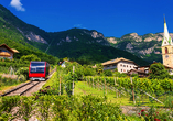 Von Kaltern aus können Sie mit der Mendelbahn, der ersten elektrisch betriebenen Standseilbahn Tirols, auf den Mendelpass fahren.