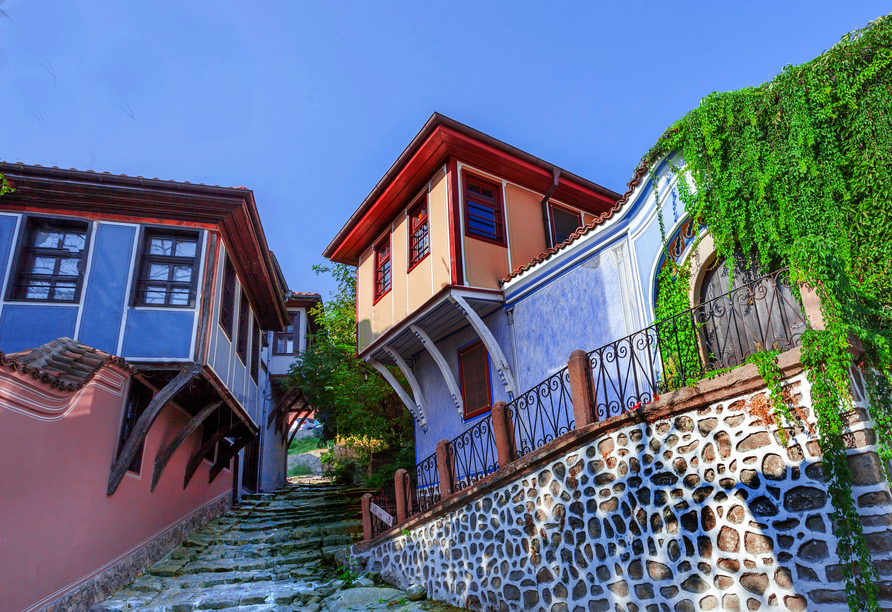 Die Altstadt von Plovdiv entzückt mit farbenfrohen Häusern.