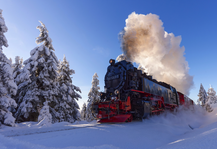 Die Harzer Schmalspurbahn auf dem Weg zum Brocken im Winter