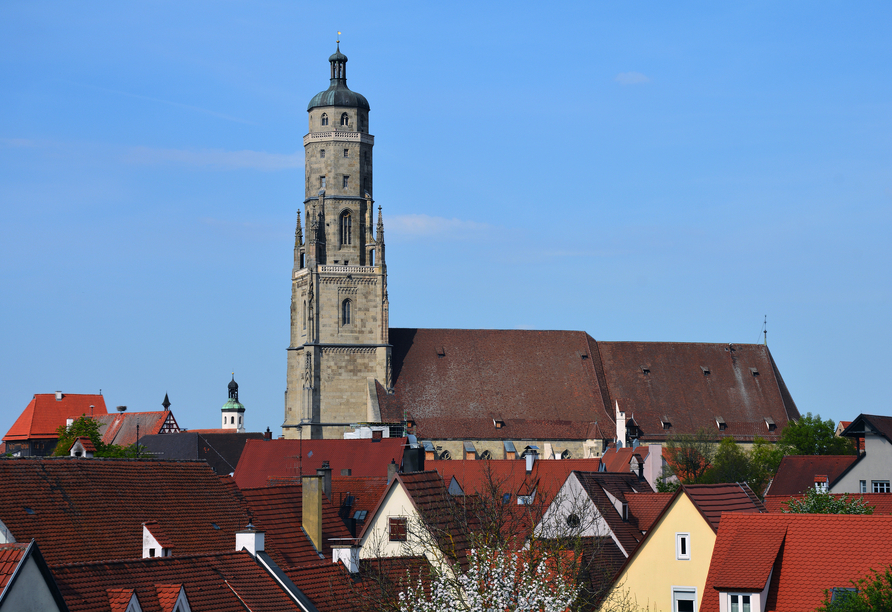 Besichtigen Sie die Pfarrkirche St. Georg in Nördlingen und genießen Sie die Aussicht auf die Umgebung.