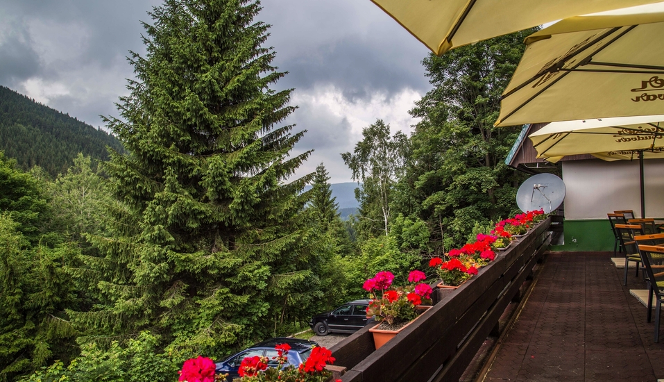 Genießen Sie die Aussicht von der Terrasse des Hotels.
