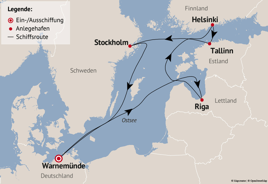 Ihre Reiseroute am Reisetermin 02.05.26. Am Reisetermin16.05.26 verläuft die Route in entgegengesetzter Richtung mit Halt in Visby anstelle Riga.