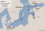Ihre Reiseroute am Reisetermin 02.05.26. Am Reisetermin16.05.26 verläuft die Route in entgegengesetzter Richtung mit Halt in Visby anstelle Riga.