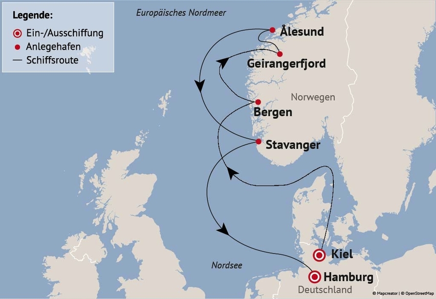 Ihre Reiseroute am 25.10.25 (Ausschiffung in Kiel) und am 31.10.26 (Ausschiffung in Hamburg).