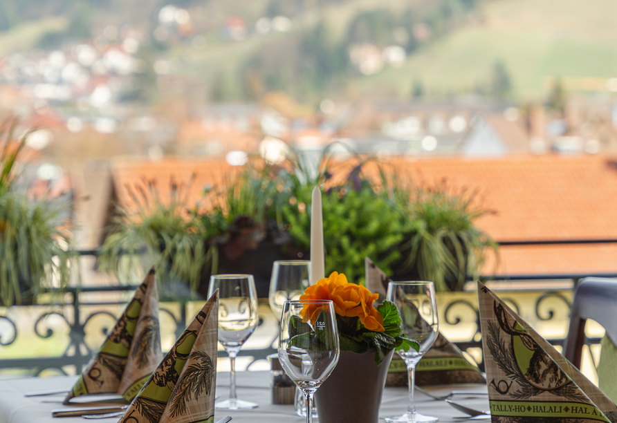 Genießen Sie den Ausblick vom Restaurant des Hotels.