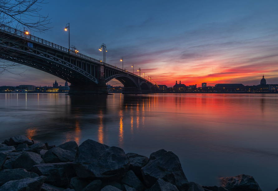 Blick nach Mainz und auf die Theodor-Heuss-Brücke, die über den Rhein führt.