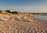 Der Strand von Kolymbia ist bekannt für seine geschützte, sandige Bucht und das kristallklare Wasser. 