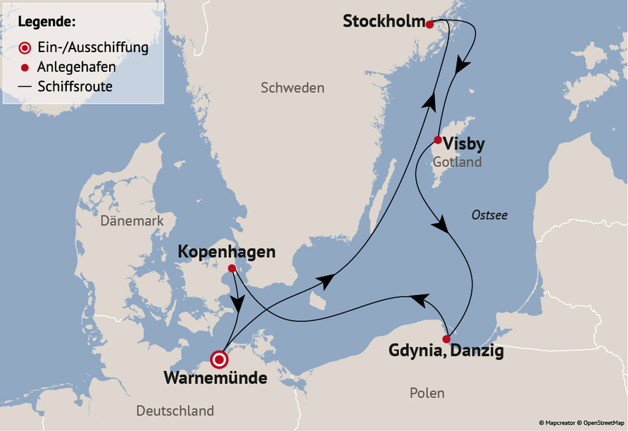 Ihre Reiseroute am 08.08.26. Am Reisetermin 20.06.26 wird zusätzlich Karlskrona angefahren.