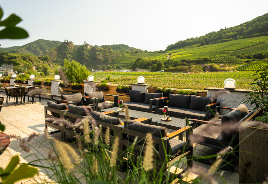 Genießen Sie den Blick auf die Weinberge von der Terrasse des Hotels May Mayschoß.
