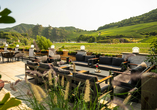 Genießen Sie den Blick auf die Weinberge von der Terrasse des Hotels May Mayschoß.