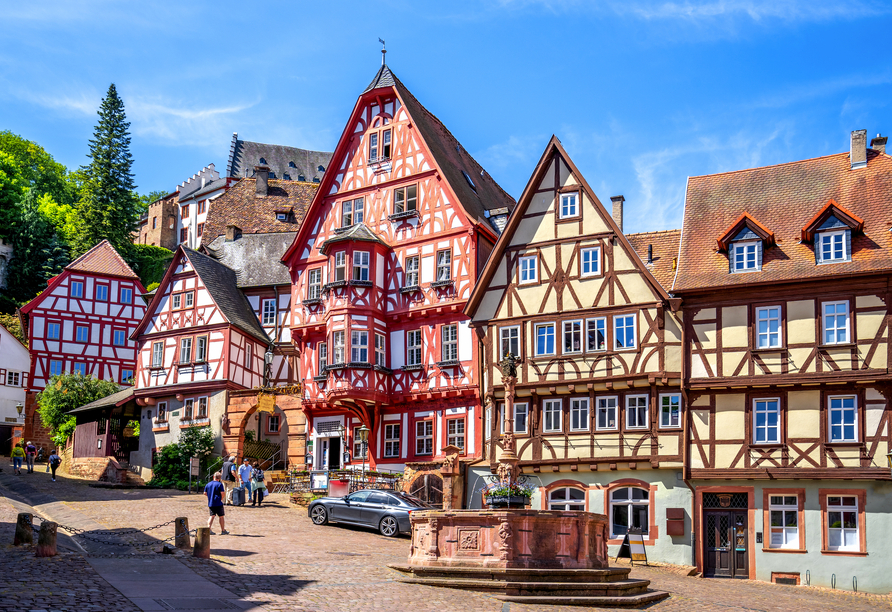 Die malerische Fachwerkidylle in Miltenburg mit ihren historischen Häusern und charmanten Gassen wirkt beinahe wie aus einem Bilderbuch.