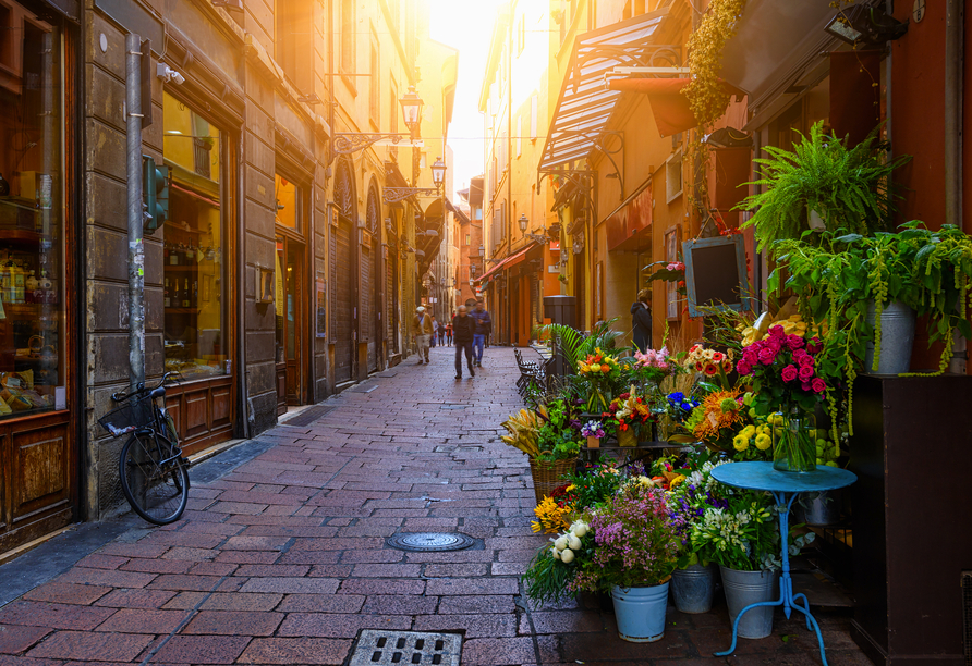 Zwischen historischen Fassaden und bunten Blumen entfaltet Bologna sein lebendiges Altstadtflair.