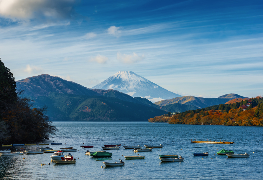 Sie unternehmen eine Bootsfahrt auf dem Ashinoko-See, bei der sich bei guter Sicht eindrucksvolle Blicke auf den majestätischen Fuji eröffnen.