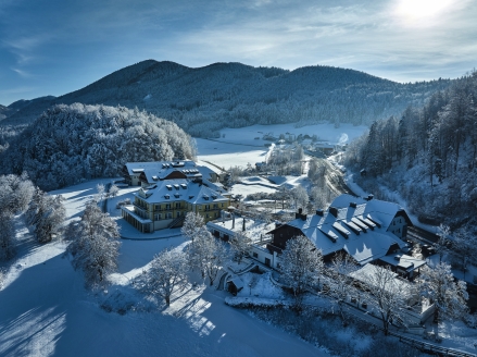 Luftansicht des Arabella Jagdhof Resorts am Fuschlsee