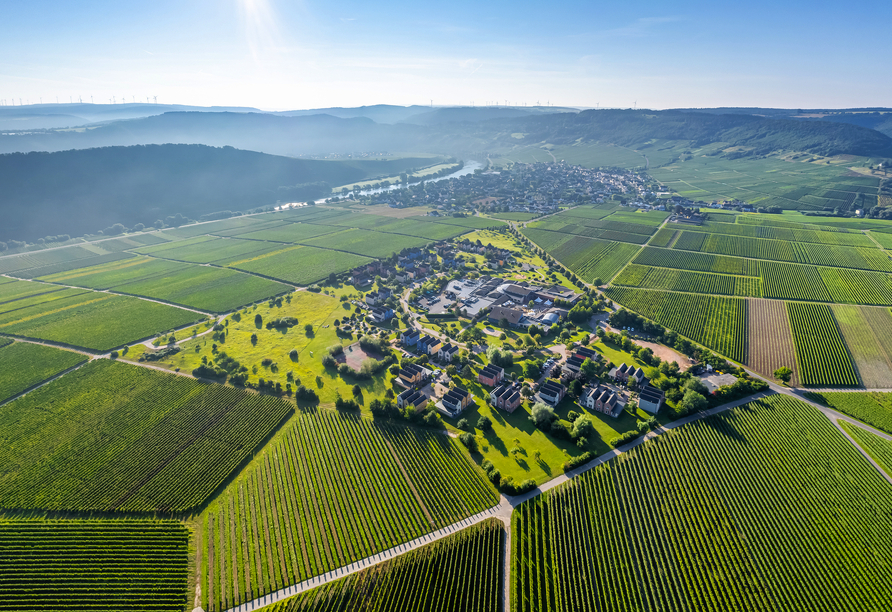 Das Eurostrand Resort Moseltal in Leiwen an der Mosel von oben.