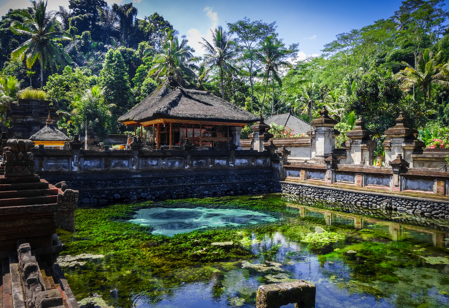 Sanft fließendes Quellwasser steht im Tirta-Empul-Tempel für die Reinigung von Körper und Geist.