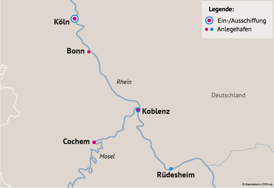Ihre Reiseroute am 09.12.26 auf Rhein und Mosel (pink) / Ihre Reiseroute am 12.12.26 auf dem Rhein (blau)