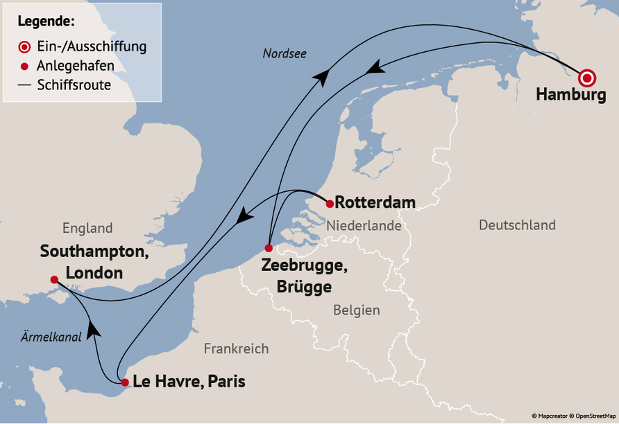 Ihre Reiseroute am 25.10.25, 22.11.26, 24.01.27 und 31.01.27
