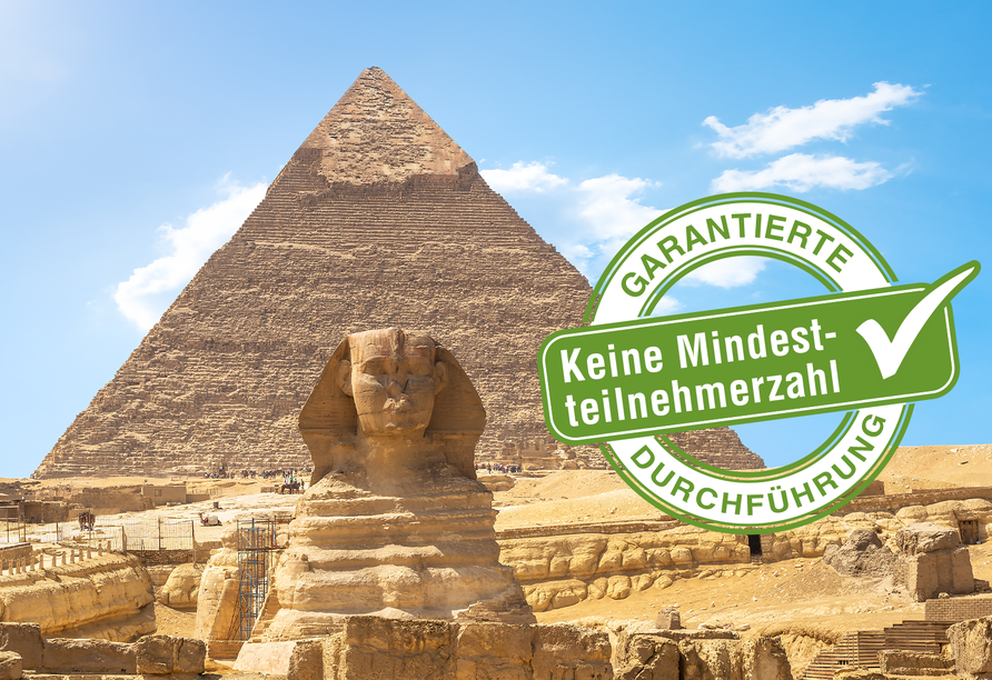 Auf Ihrer Reise werden Sie unter anderem die Pyramiden von Gizeh und die Sphinx von außen besichtigen.