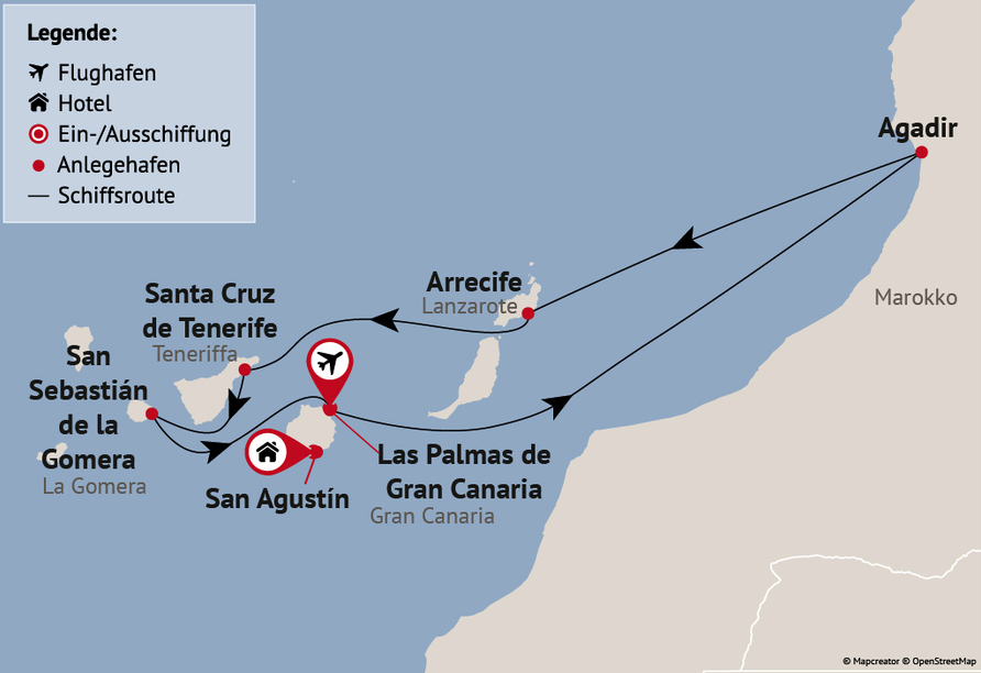 Ihre Reiseroute am 26.11.26. Am Reisetermin 11.03.27 werden die Häfen in einer anderen Reihenfolge angefahren.