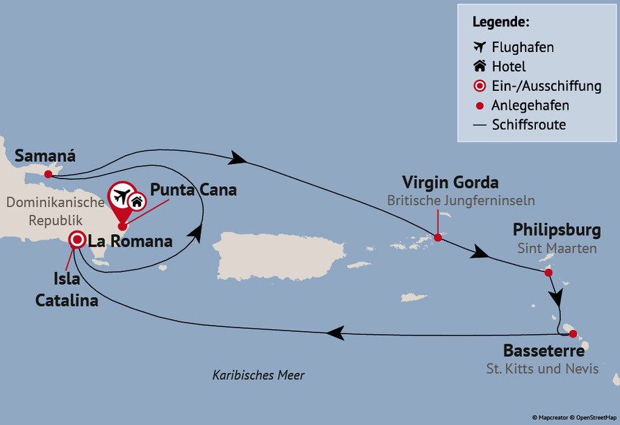 Ihre Reiseroute am 16.11.26. Am 11.01.27 werden Basseterre und Philipsburg in umgekehrter Reihenfolge angefahren.