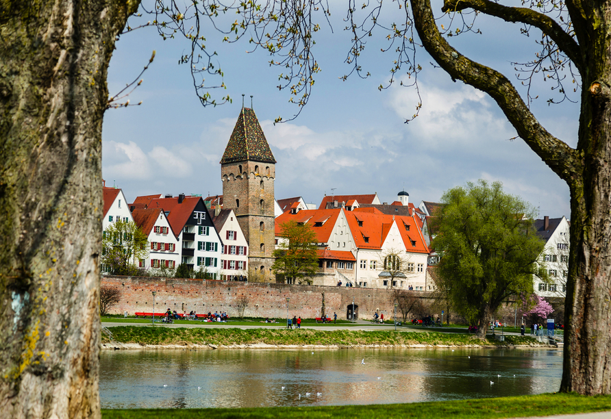 Der schiefe Metzgerturm und die Stadtmauer mit Blick auf die Donau