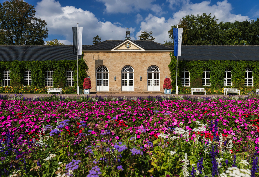 Bewundern Sie die malerischen Brunnenarkaden im Gräflichen Park von Bad Driburg.