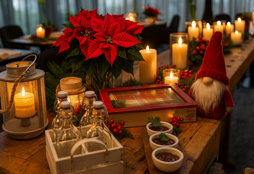 Festliche Weihnachtsdekorationen sorgen für stimmungsvolle Momente im Hotel.