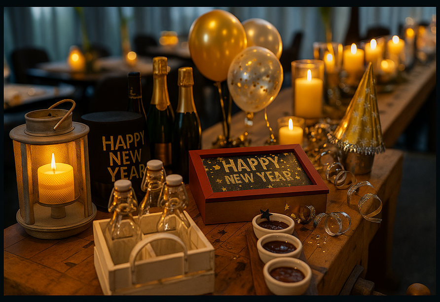 Festliche Silvesterdekorationen sorgen für stimmungsvolle Momente im Hotel.
