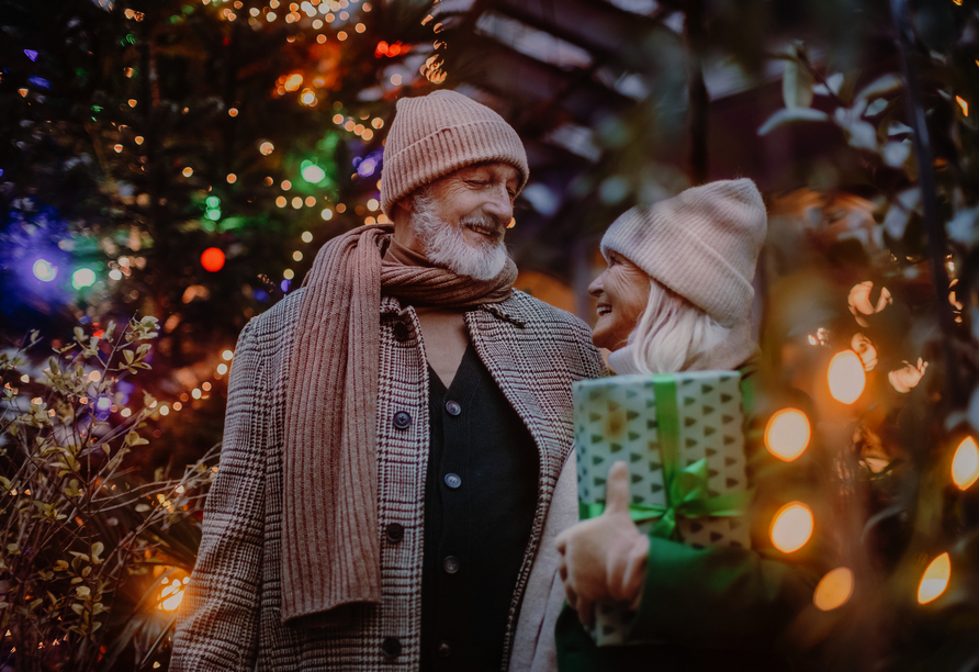 Entdecken Sie die festlich geschmückten Gassen bei einem gemütlichen Weihnachtseinkauf.