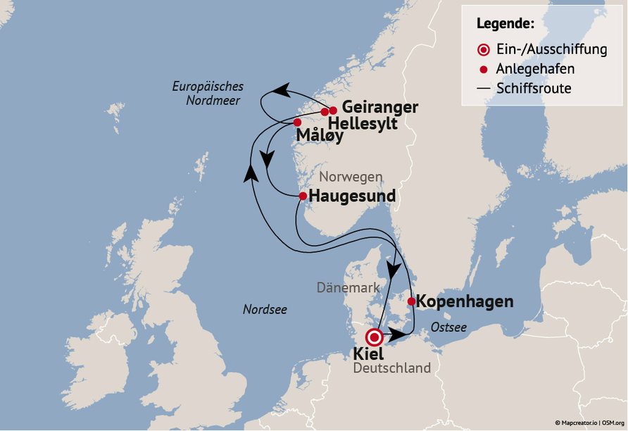 Ihre Reiseroute am 28.05.27 (am 30.07.2027 Aarhus statt Haugesund)
