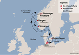 Reiseroute am 04.06., 11.06., 18.06., 02.07., 16.07., 23.07., 06.08., 13.08., 27.08. und 03.09.27 (am 21.05. Haugesund statt Stavanger, am 25.06. Aarhus statt Stavanger, am 09.07. und 20.08. Ålesund statt Bergen)