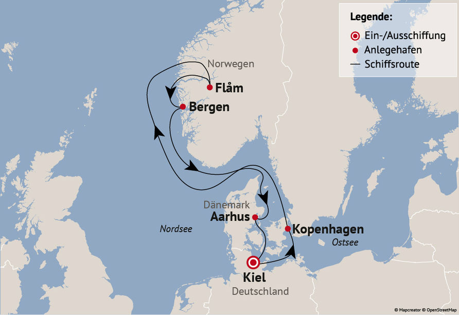 Ihre Reiseroute am 30.04.27 (am 07.05.27 Måløy statt Aarhus)
