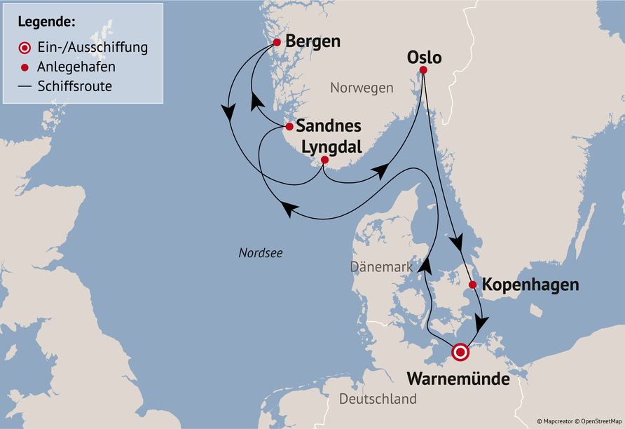 Ihre Reiseroute am 18.07.27 (am 06.06.27 Haugesund statt Sandnes / am 20.06.27 Kristiansand statt Sandnes)