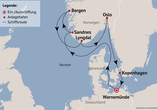 Ihre Reiseroute am 18.07.27 (am 06.06.27 Haugesund statt Sandnes / am 20.06.27 Kristiansand statt Sandnes)