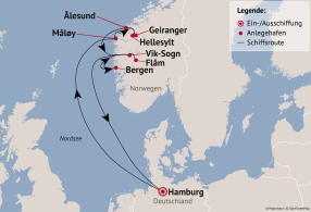 Ihre Reiseroute am 21.06.27 (am Reisetermin 21.07.27: Haugesund statt Måløy / Måløy statt Ålesund)
