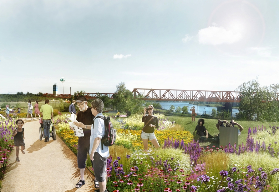 Illustration Rheinsicht im Zukunftsgarten Duisburg | KI generiert