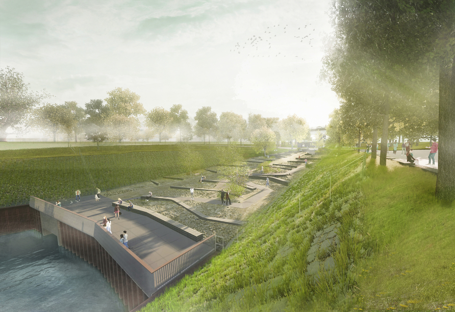 Illustration des Kultushafens im Zukunftsgarten Duisburg | KI generiert
