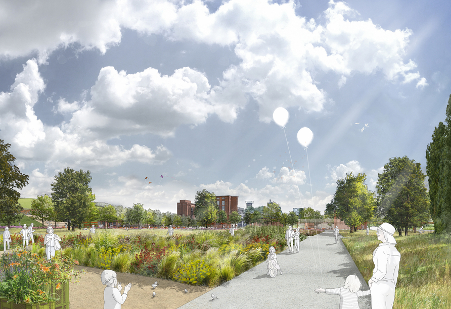 Illustration des Kokereiparks im Zukunftsgarten Dortmund | KI generiert